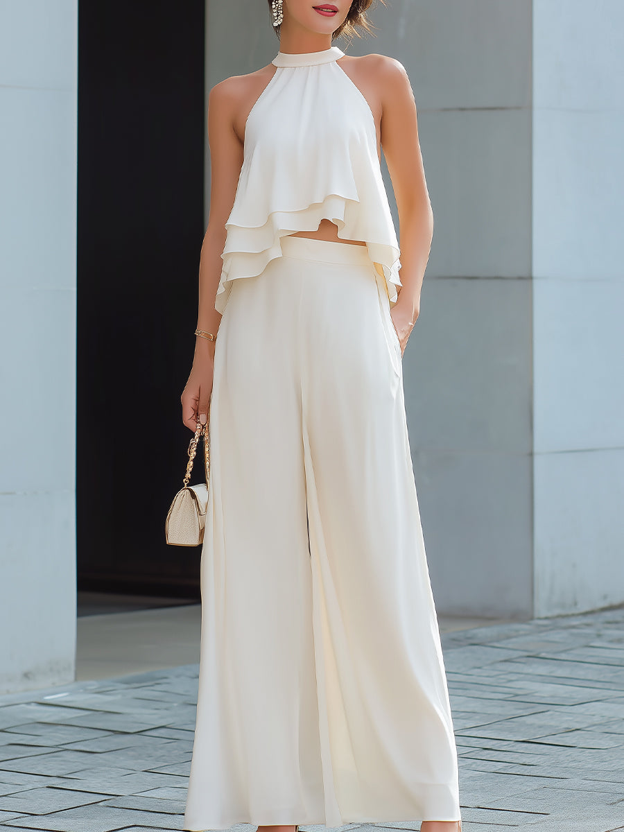 Ethereal White Ruffle Halter Wide-Leg Two-Piece Set | Elegant Women's Dress