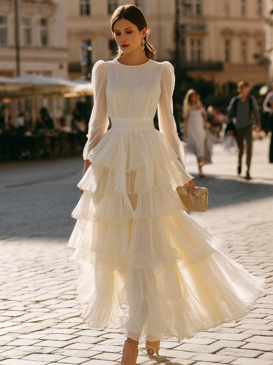 Tiered Ruffle Long Sleeve Pleated Maxi Dress | Elegant Women's Dress