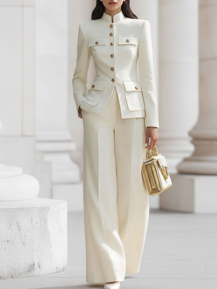 Elegant Cream Military-Inspired Tailored Suit Set With Gold Accents | Elegant Women's Dress