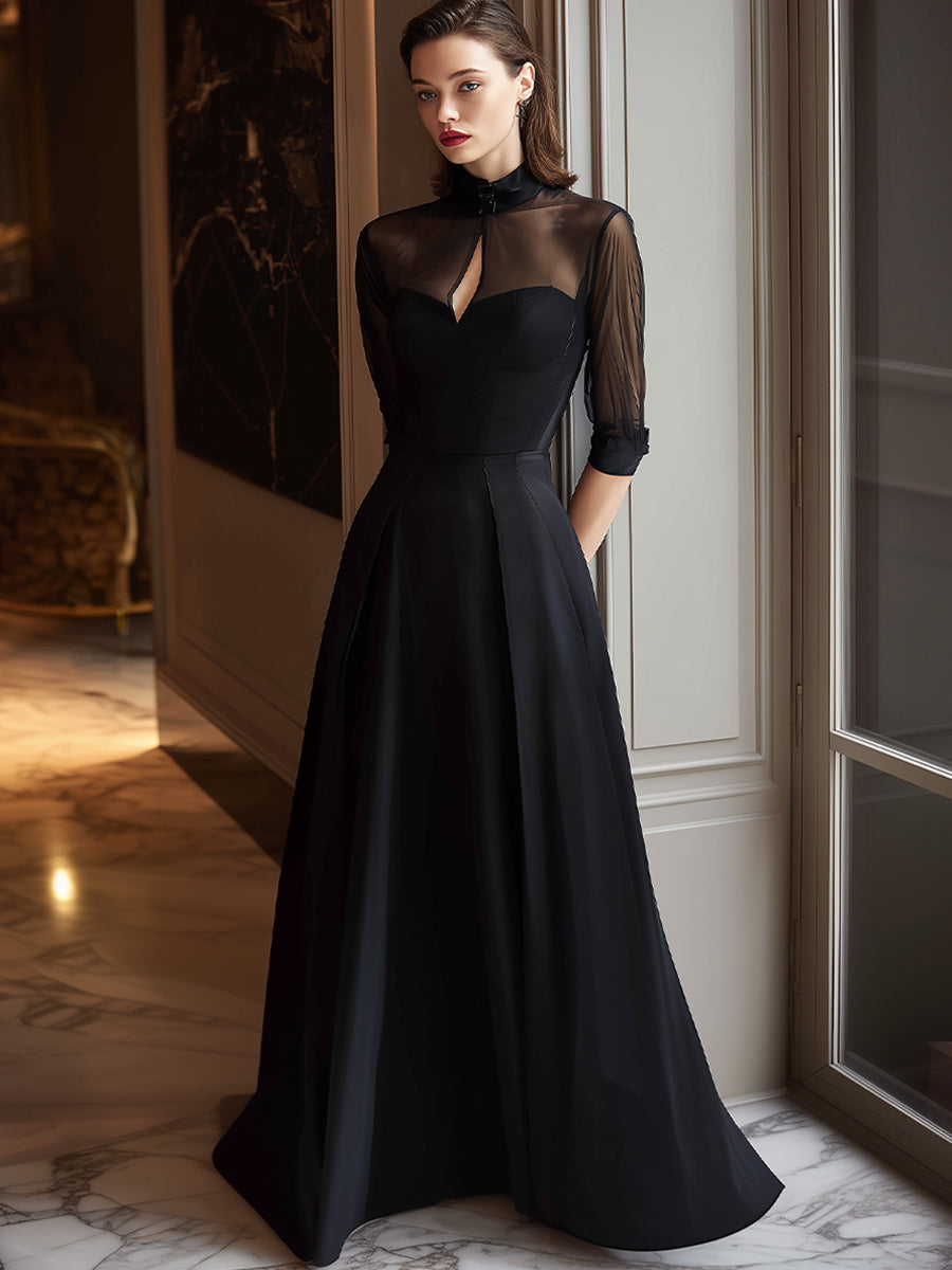 Black High-Neck Mesh Panel Maxi Dress With Keyhole Detail | Elegant Women's Dress