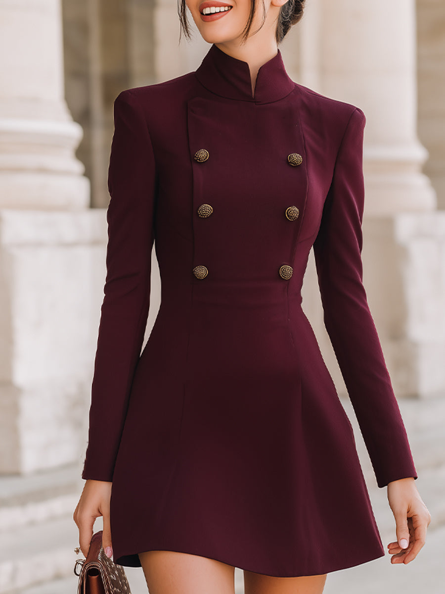 Vintage Stand Collar Double-Breasted Waist-Cinched A-Line Dress | Elegant Women's Dress