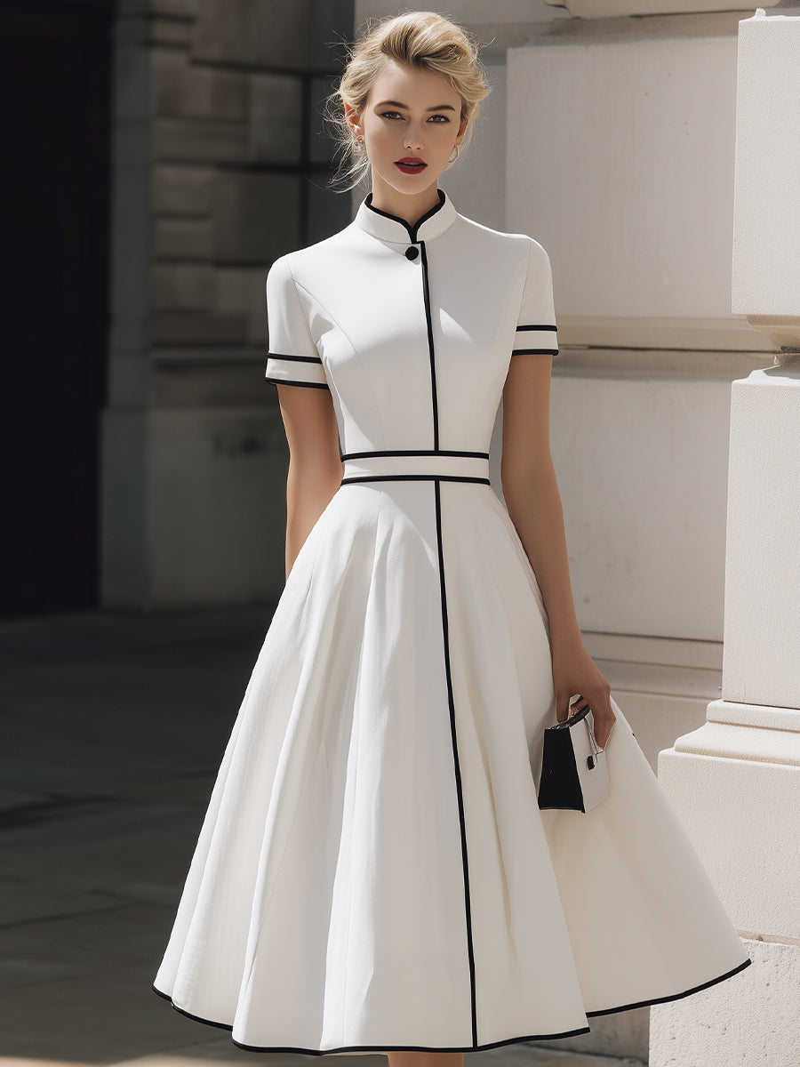 Timeless Contrast-Piped Mandarin Collar Midi Dress | Elegant Women's Dress