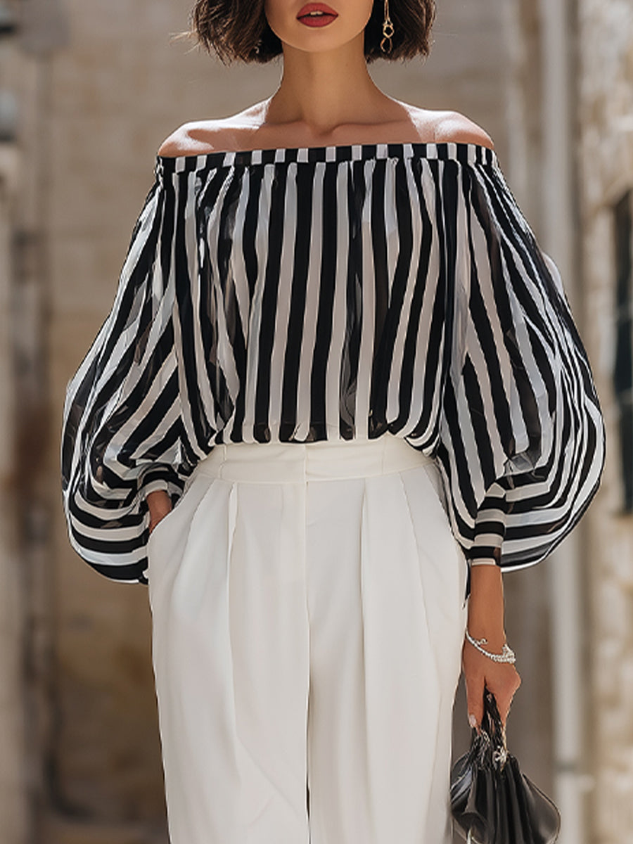 Chic Off-the-Shoulder Striped Blouse & High-Waisted Tailored Trousers Set | Elegant Women's Dress