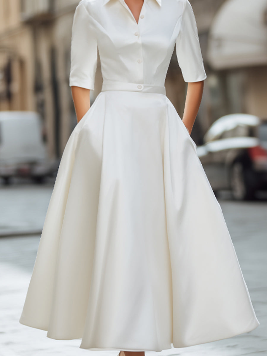 Timeless Ivory Satin Shirt Dress With Front Buttons | Elegant Women's Dress