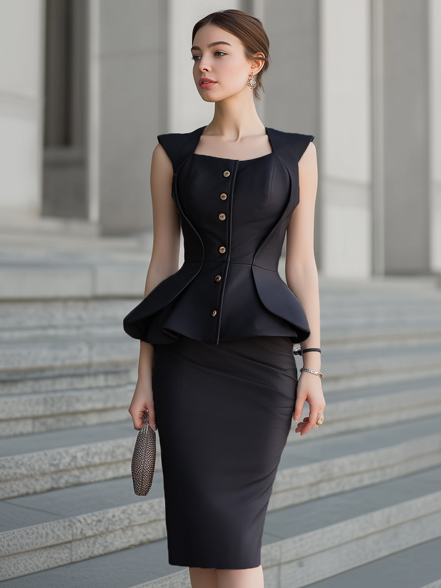 Modern Peplum Hourglass Two-Piece Midi Skirt Set | Elegant Women's Dress
