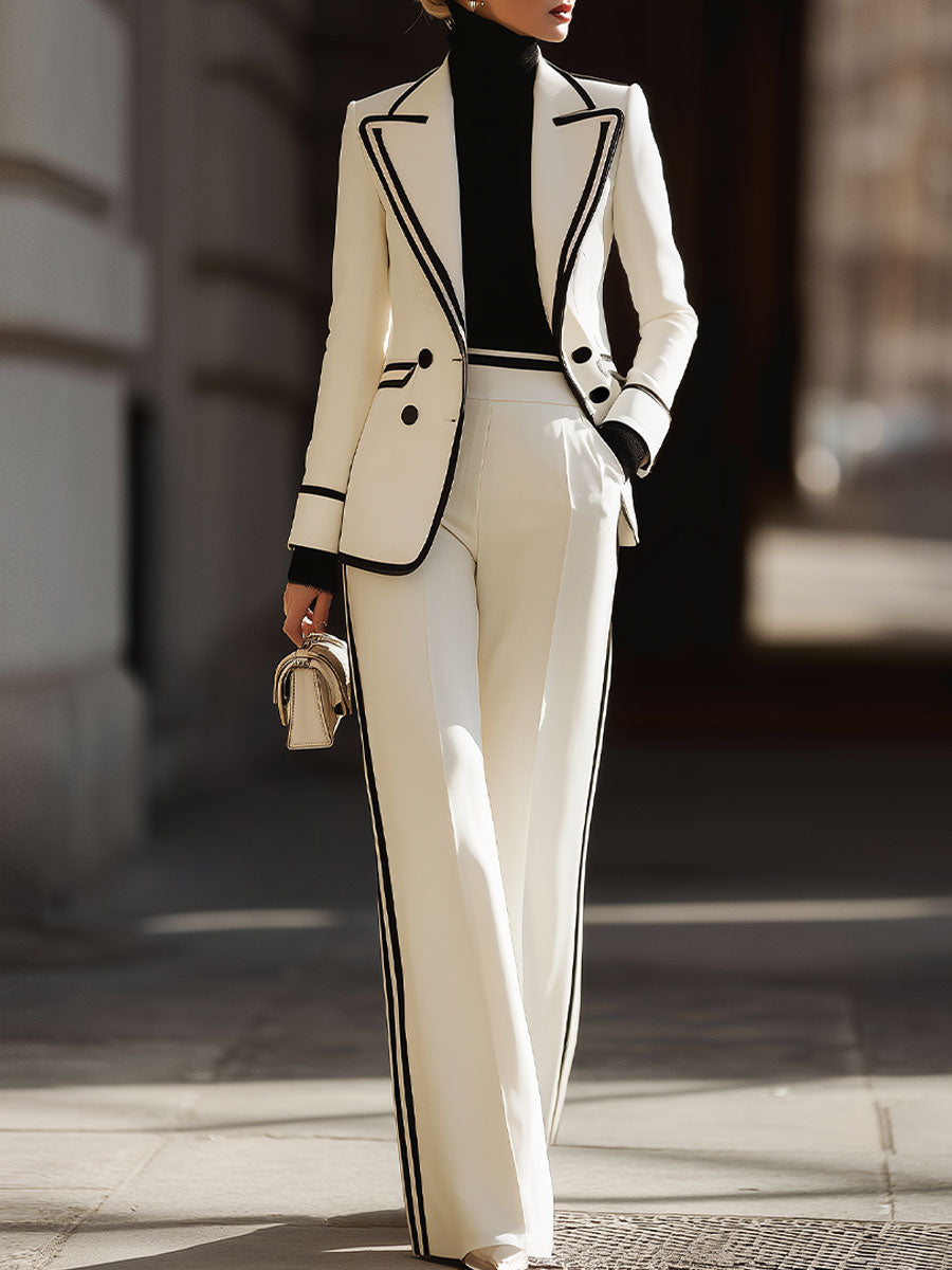 White Contrast - Trim Double - Breasted Suit Set | Elegant Women's Dress