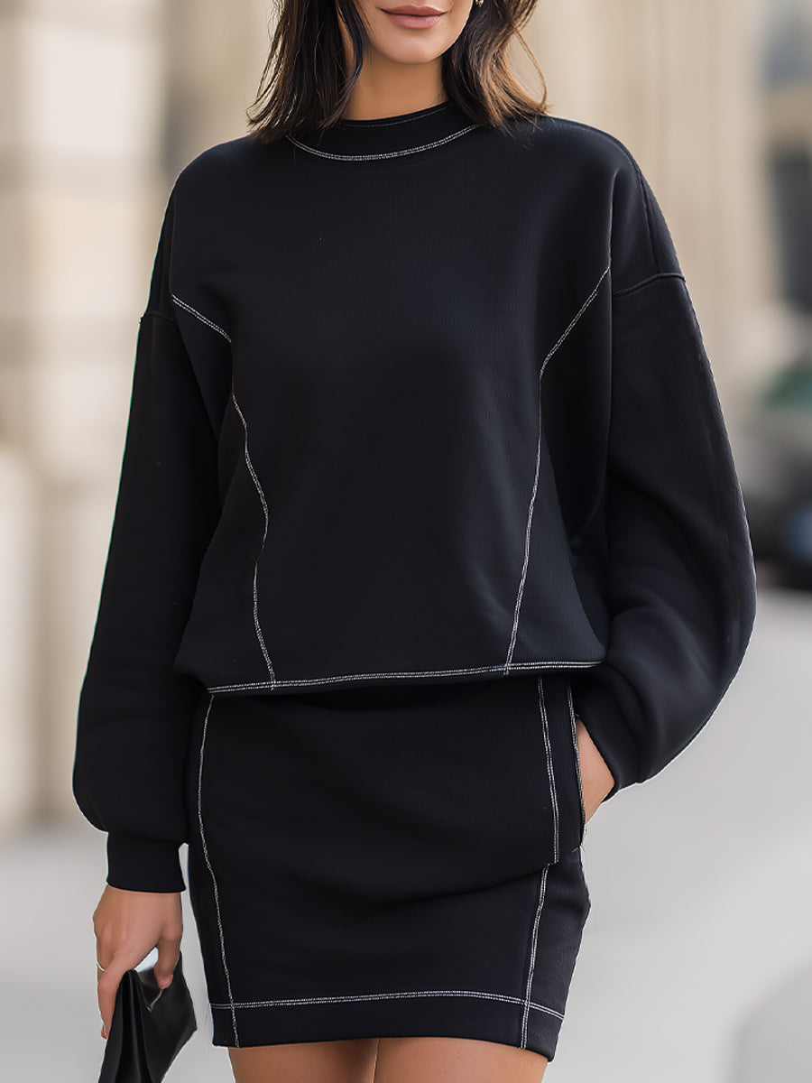 Edgy Black Contrast-Stitch Sweatsuit Set | Elegant Women's Dress