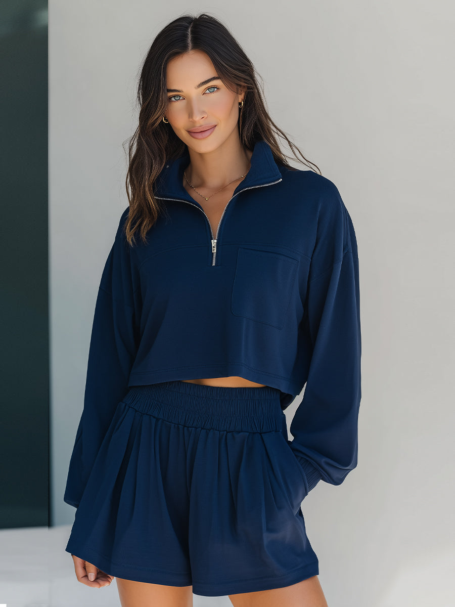 Navy Cropped Half-Zip Loungewear Set | Elegant Women's Dress