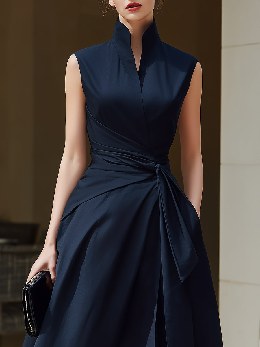 Sleeveless Wrap Midi Dress With Structured Stand Collar | Elegant Women's Dress