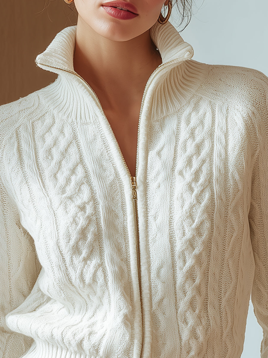 White Cable-Knit Zip Cardigan | Elegant Women's Dress