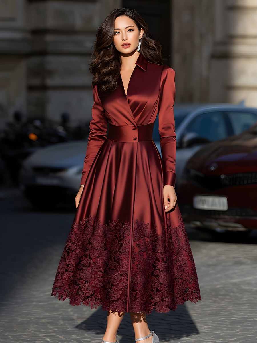 Burgundy Satin Belted Midi Dress With Lace Hem | Elegant Women's Dress