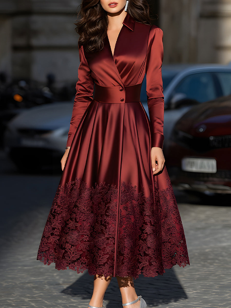 Burgundy Satin Belted Midi Dress With Lace Hem | Elegant Women's Dress