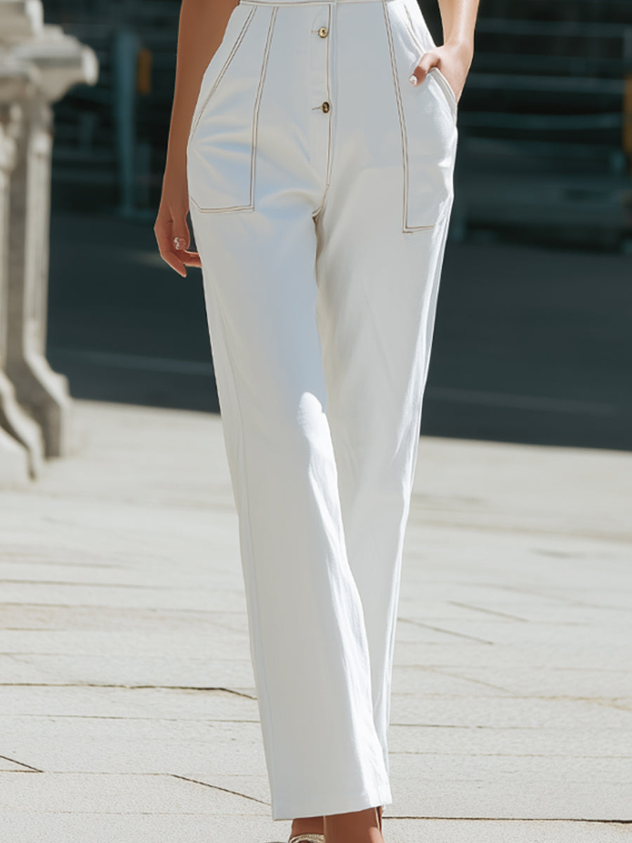 Tailored Button-Front Short Sleeve Denim Jumpsuit | Elegant Women's Dress