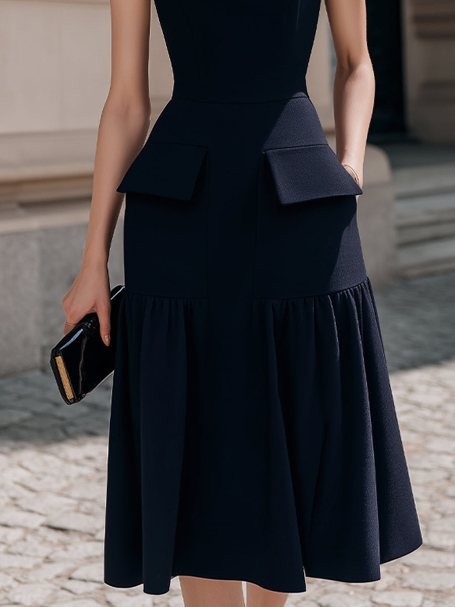 Structured Sleeveless Midi Dress With Flared Hem | Elegant Women's Dress