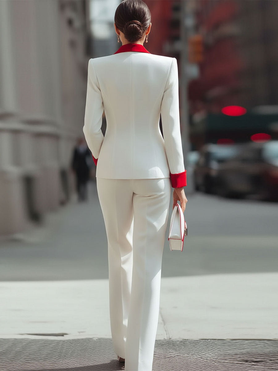 Bold Red And White Double-Breasted Suit Set By Mooyius | Elegant Women's Dress