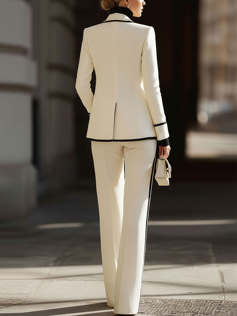 White Contrast - Trim Double - Breasted Suit Set | Elegant Women's Dress