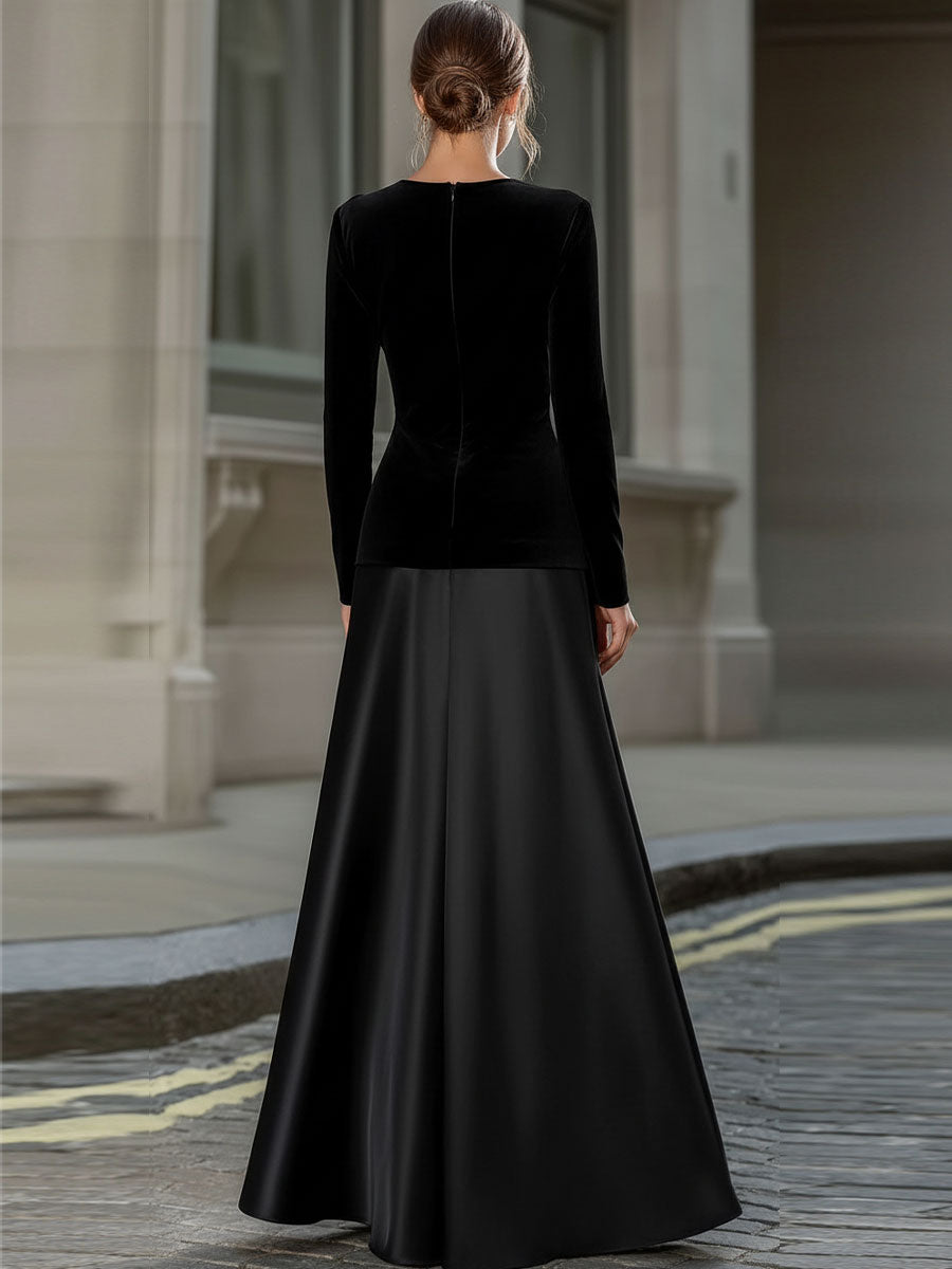 Black Velvet & Satin Long-Sleeve A-Line Evening Gown | Elegant Women's Dress