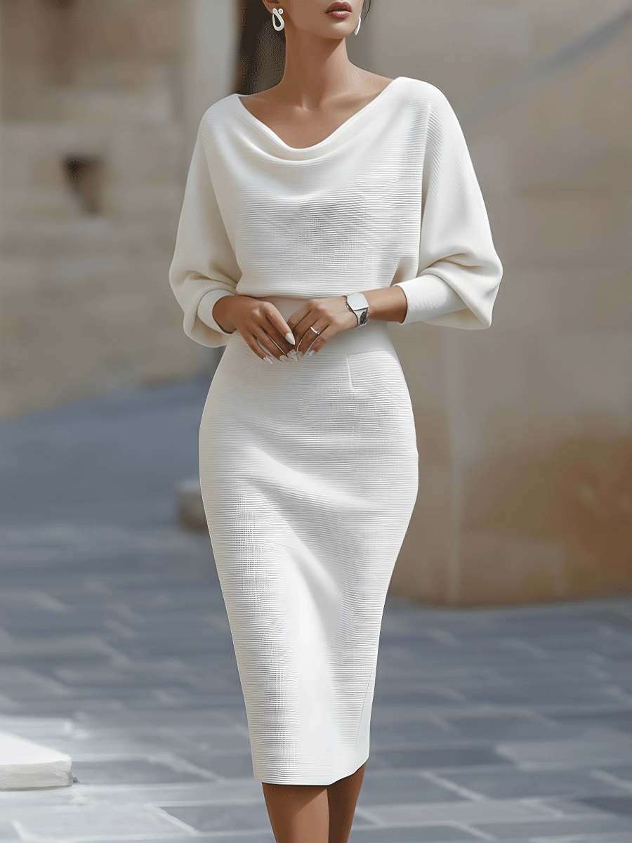 White Draped Batwing Midi Dress | Elegant Women's Dress