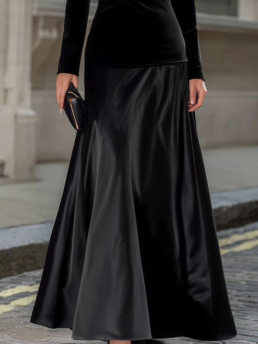 Black Velvet & Satin Long-Sleeve A-Line Evening Gown | Elegant Women's Dress