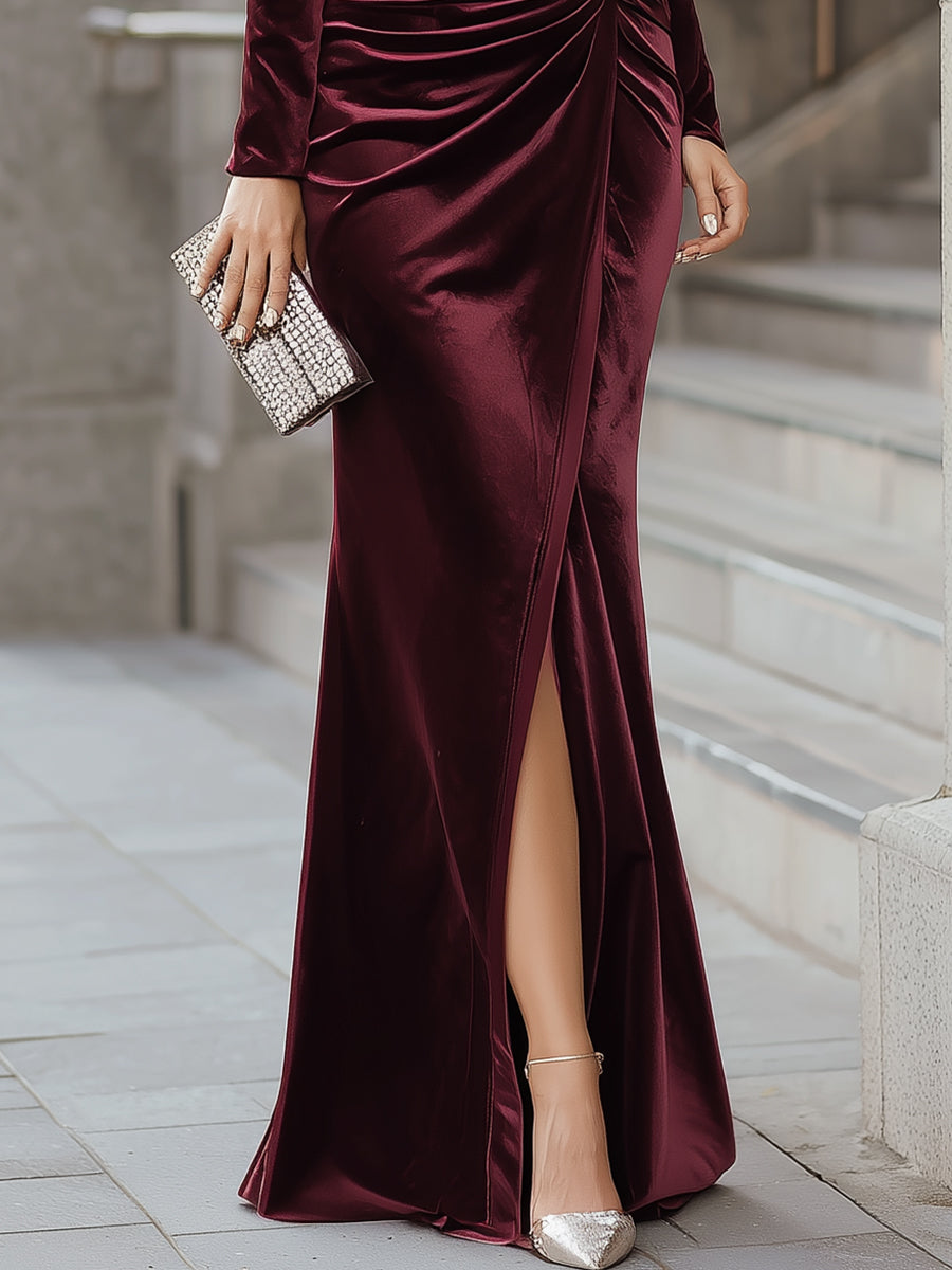 Burgundy Velvet One-Shoulder Evening Gown | Elegant Women's Dress
