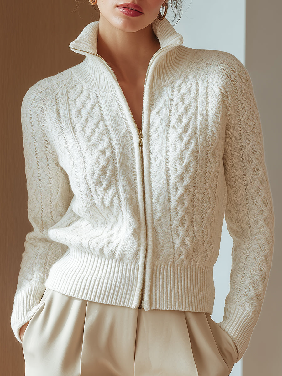 White Cable-Knit Zip Cardigan | Elegant Women's Dress
