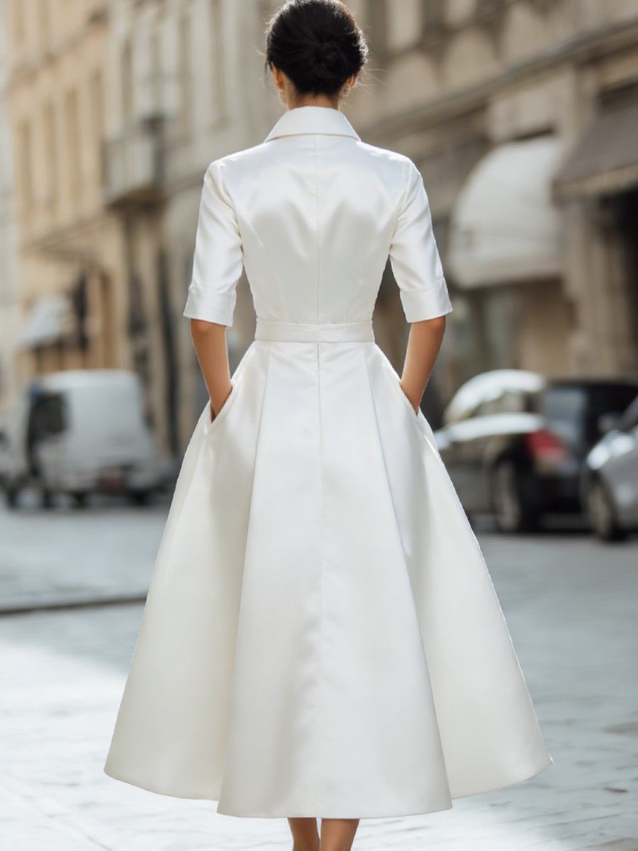 Timeless Ivory Satin Shirt Dress With Front Buttons | Elegant Women's Dress