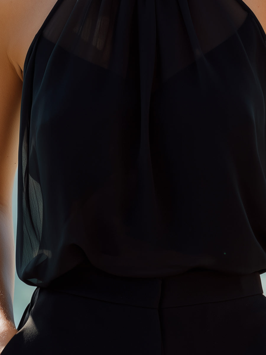 Black Halter Neck Chiffon Sleeveless Top | Elegant Women's Dress