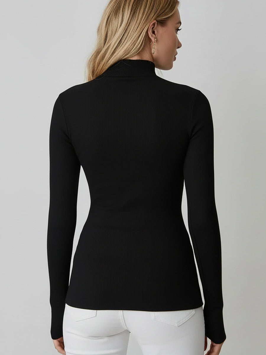 Black Rib-Knit Turtleneck Top - Edgy Leather Trim & Gold Button Detail | Elegant Women's Dress