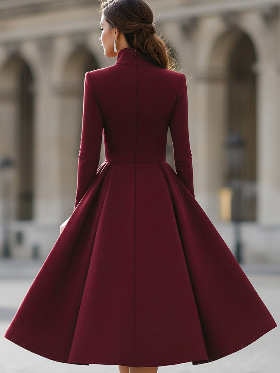 Burgundy V-Neck Full-Skirt Midi Dress | Elegant Women's Dress