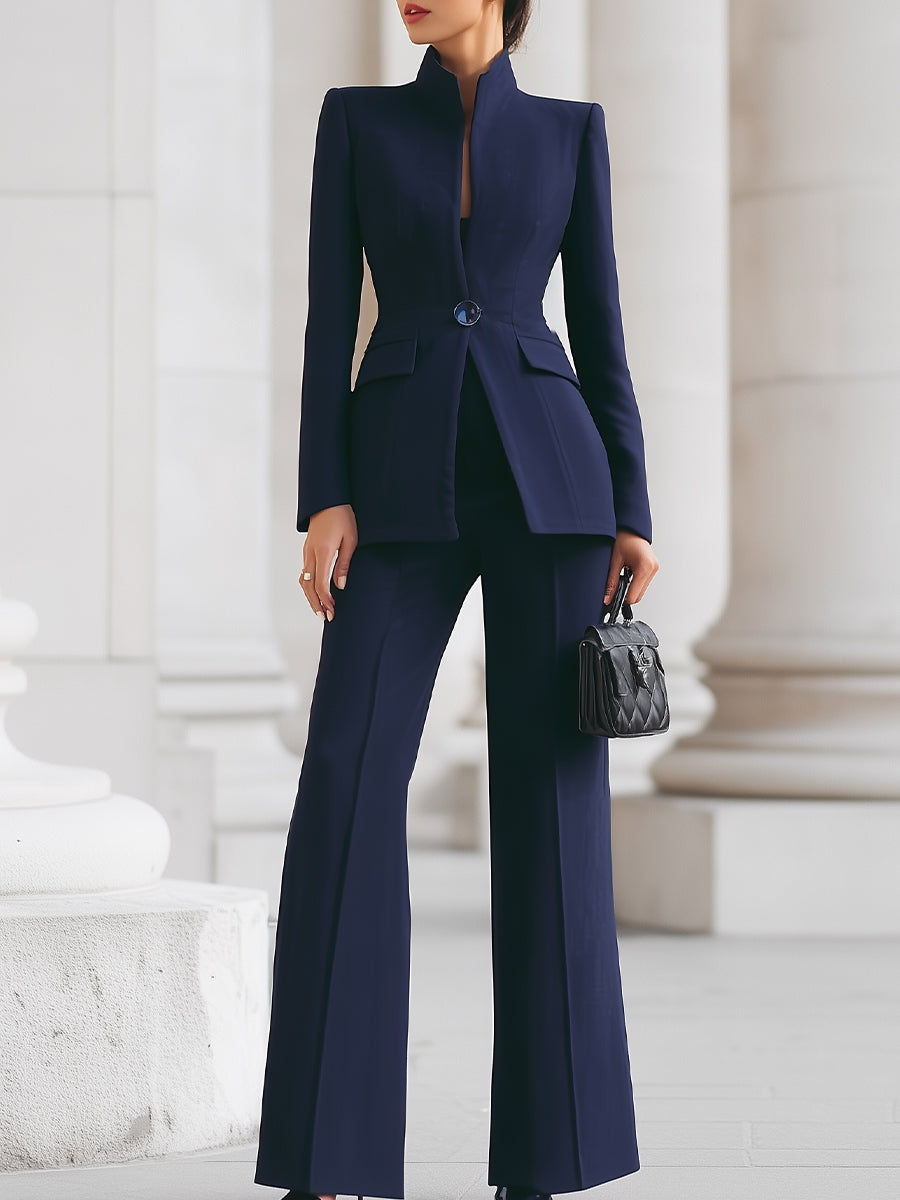 Sophisticated High-Collar Blazer & Wide-Leg Trousers Set | Elegant Women's Dress