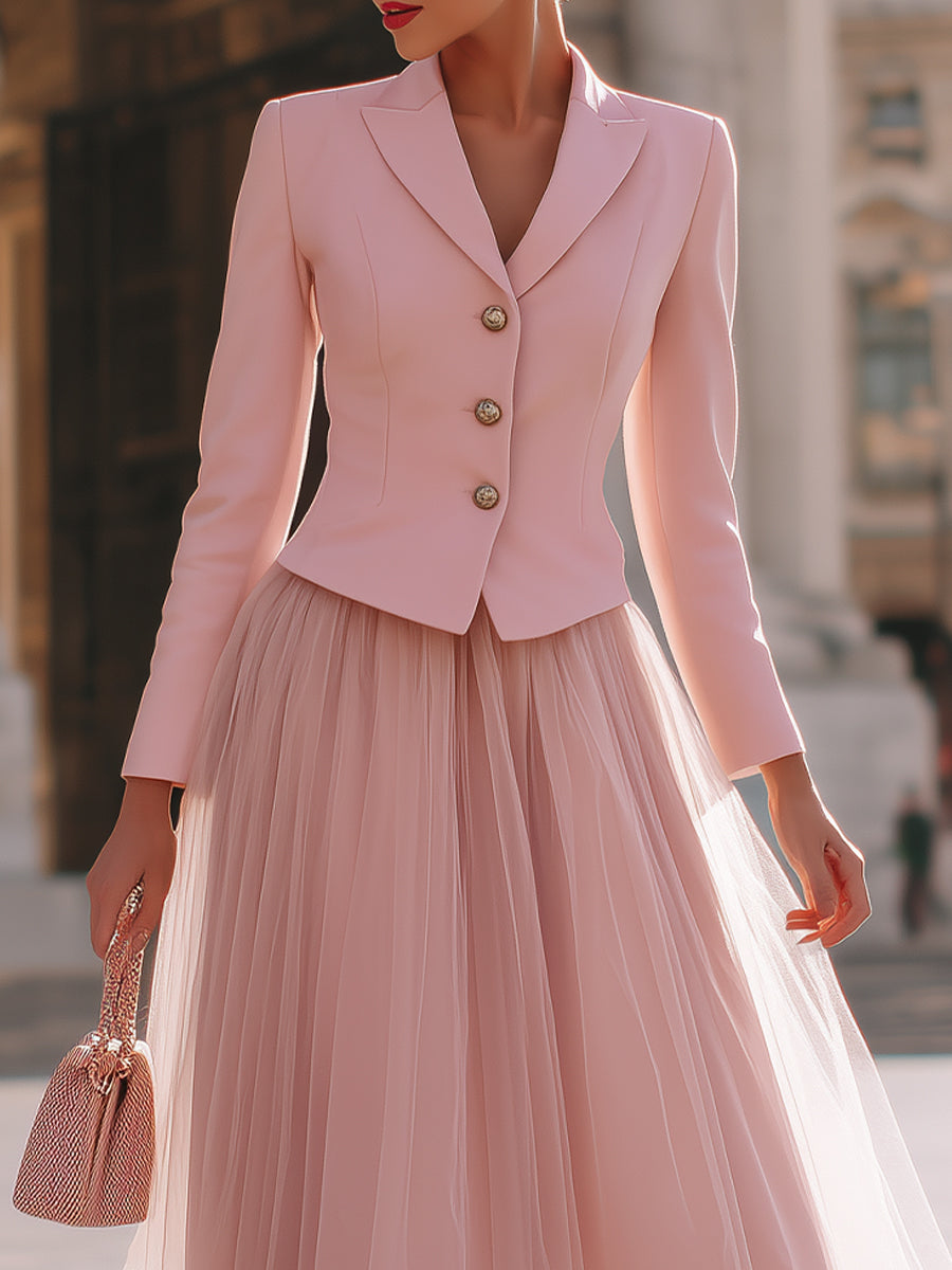 Blush Pink Tailored Blazer & Tulle Skirt Set | Elegant Women's Dress