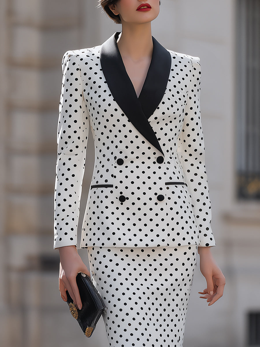 Polka Dot Double-Breasted Blazer & Pencil Skirt Set | Elegant Women's Dress