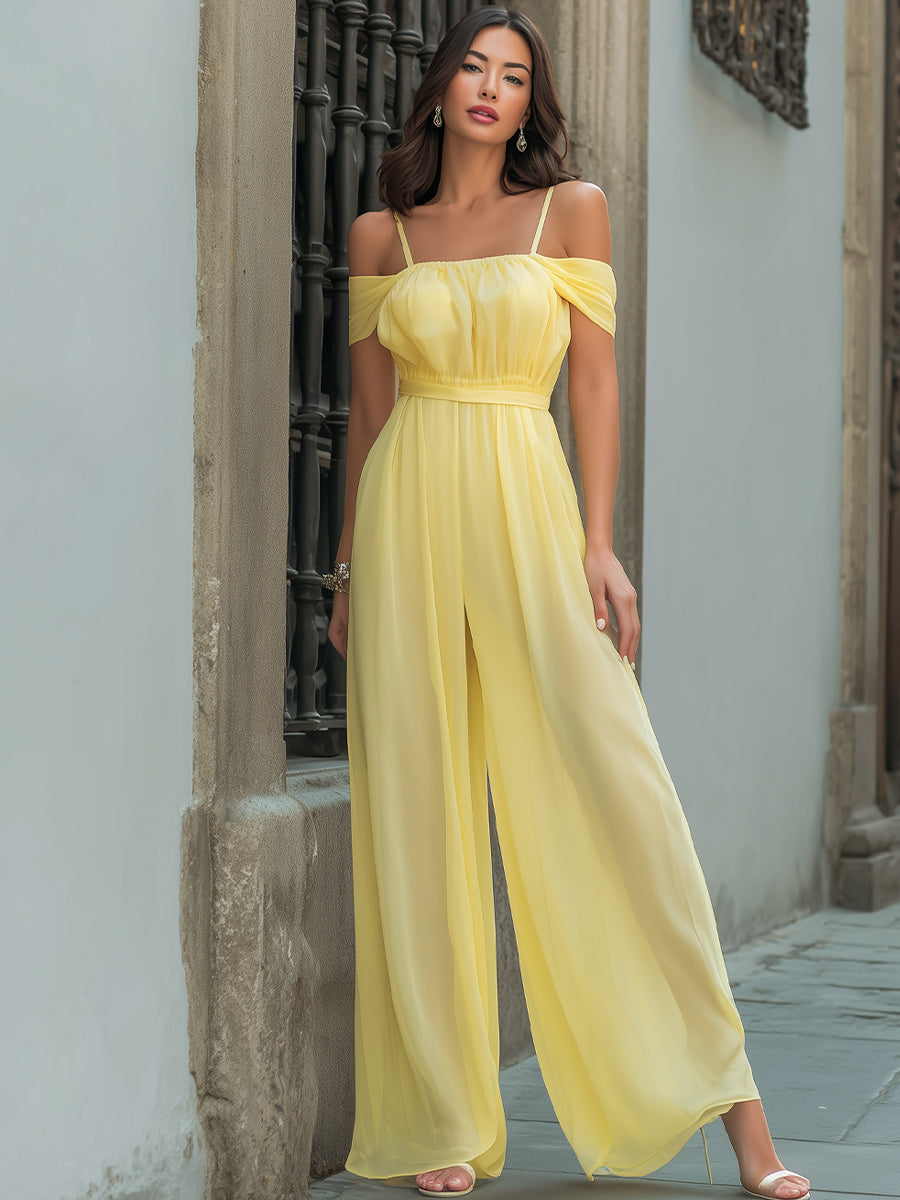 Soft Yellow Off-Shoulder Chiffon Wide-Leg Jumpsuit | Elegant Women's Dress