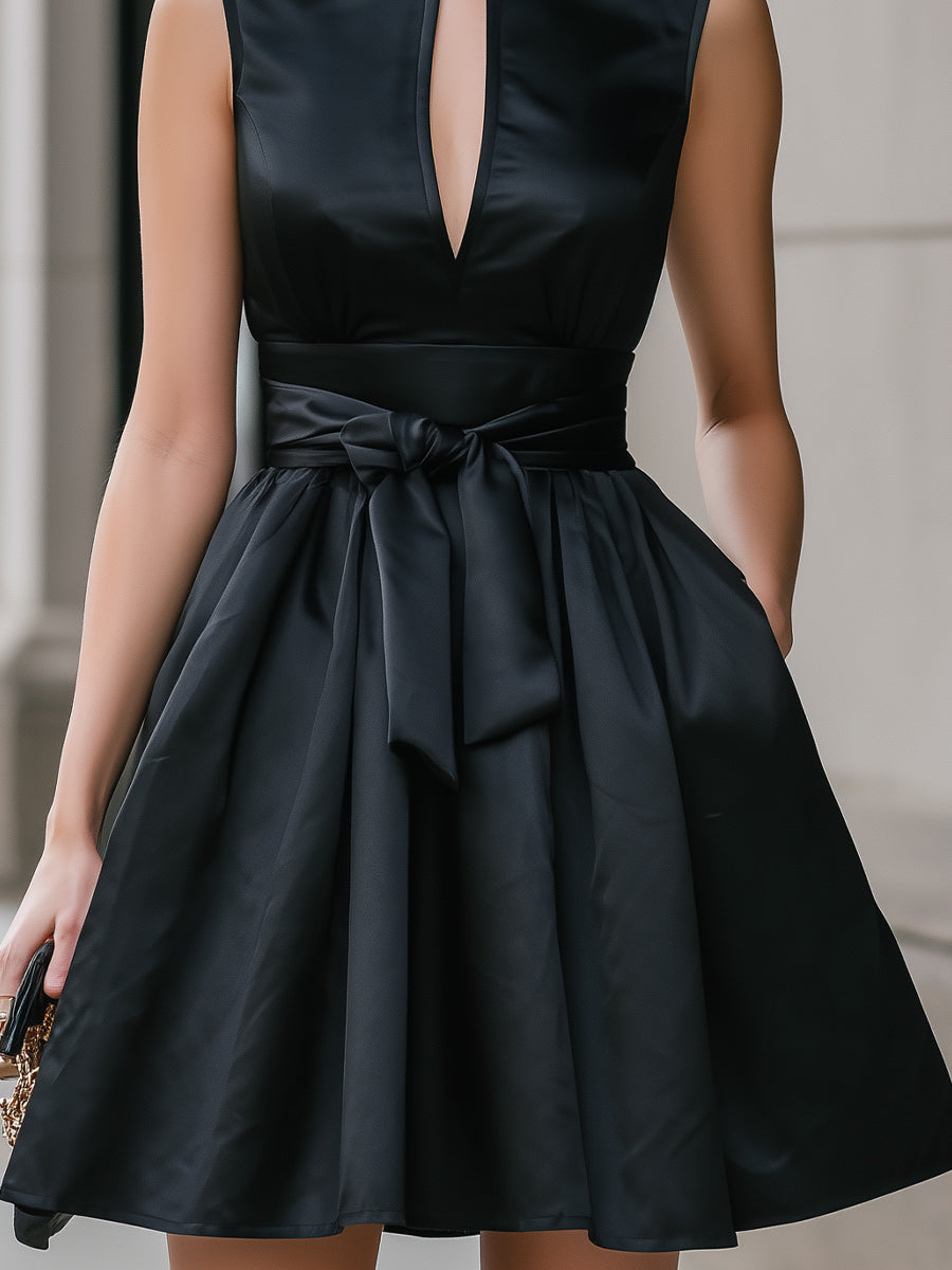 Black Satin Mandarin Collar Mini Dress With Bow Waist Detail | Elegant Women's Dress