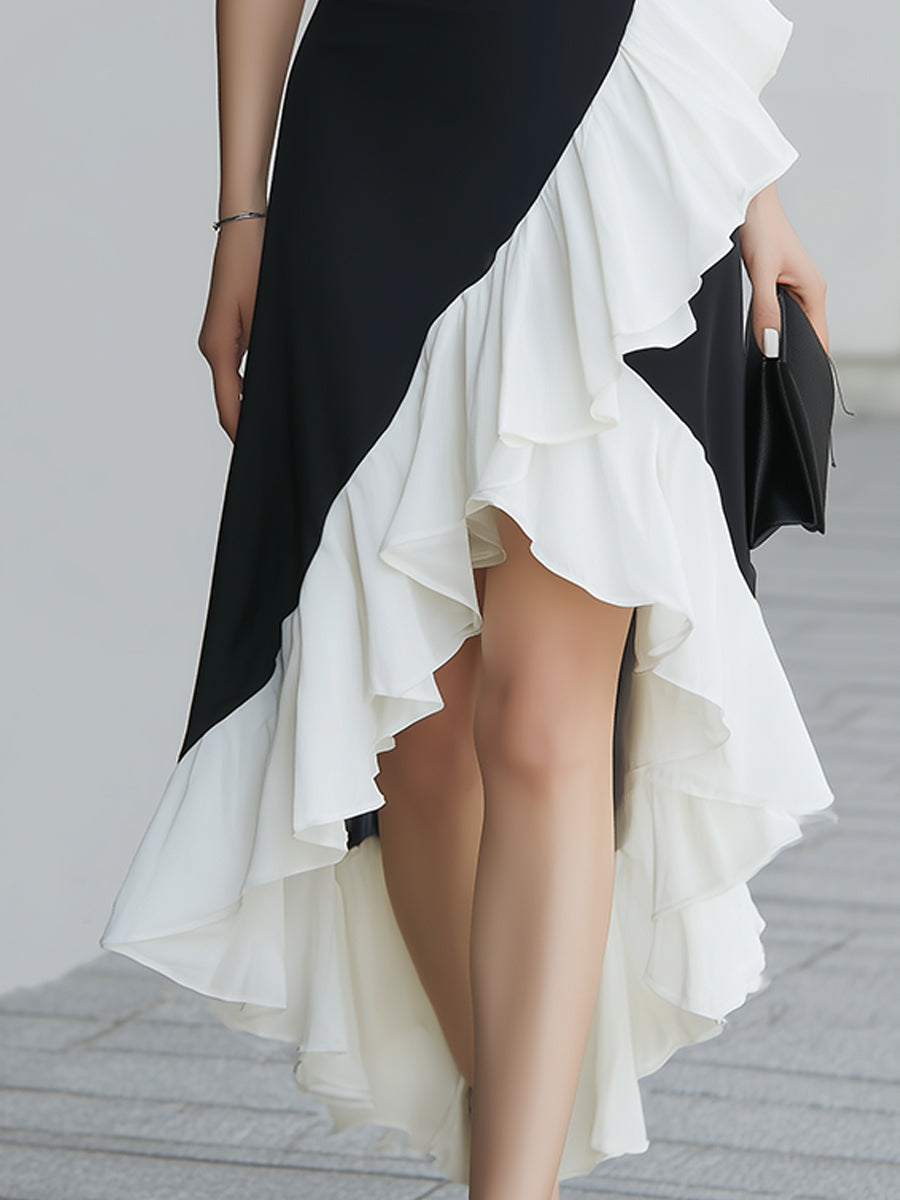 Black & White Asymmetric Ruffle Halter Gown | Elegant Women's Dress