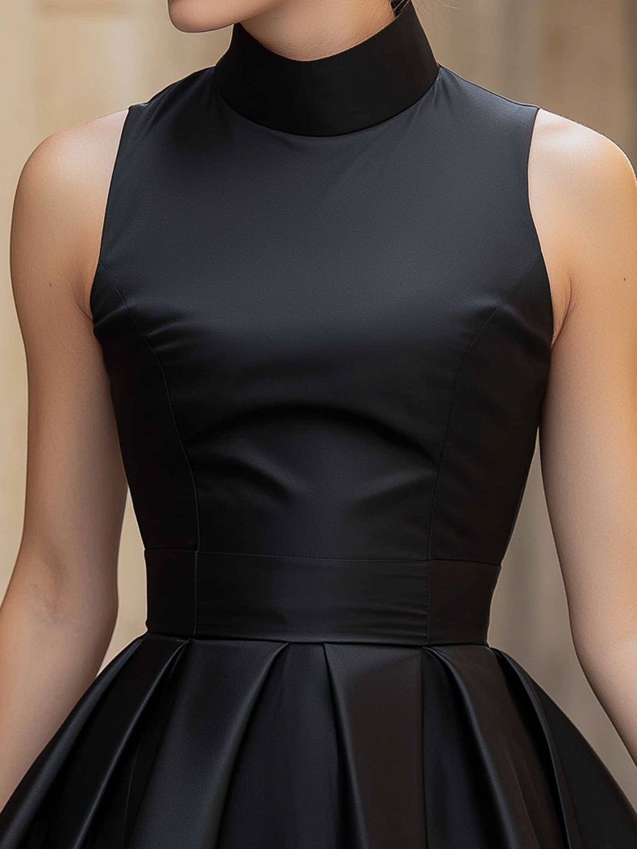 Black Sleeveless High-Neck Fit-and-Flare Mini Dress | Elegant Women's Dress