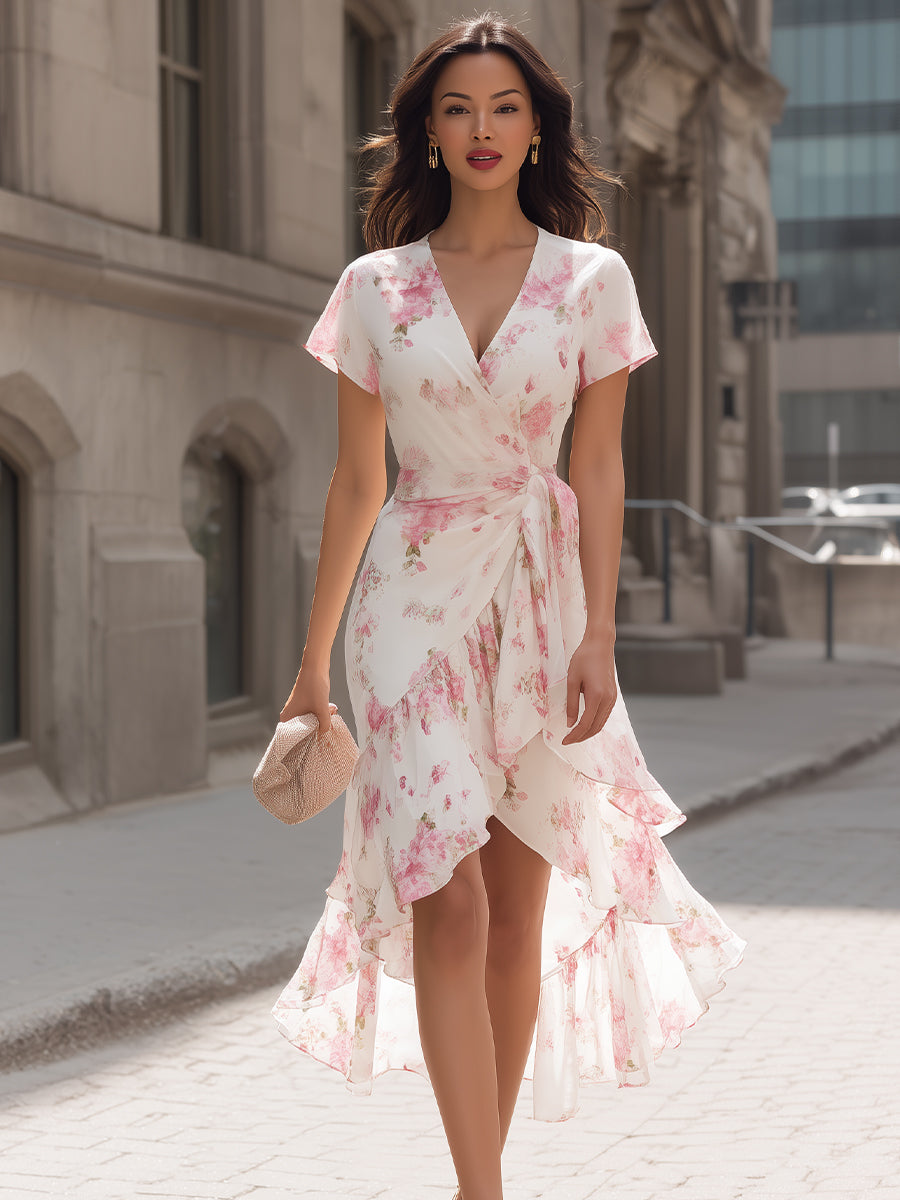 Blush Floral Wrap Midi Dress – Romantic Chiffon Elegance For Effortless Femininity | Elegant Women's Dress