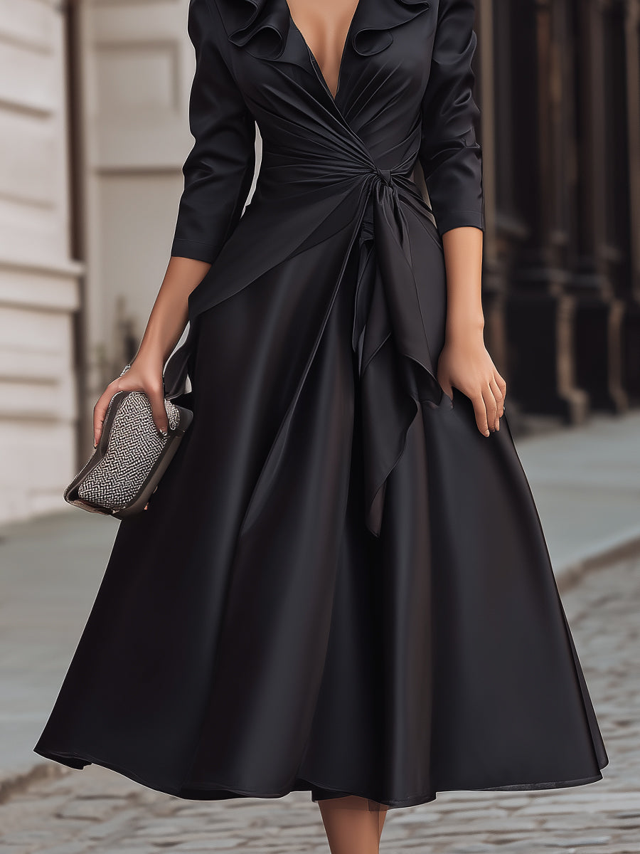 Black Satin Wrap Dress With Ruffled Collar | Elegant Women's Dress
