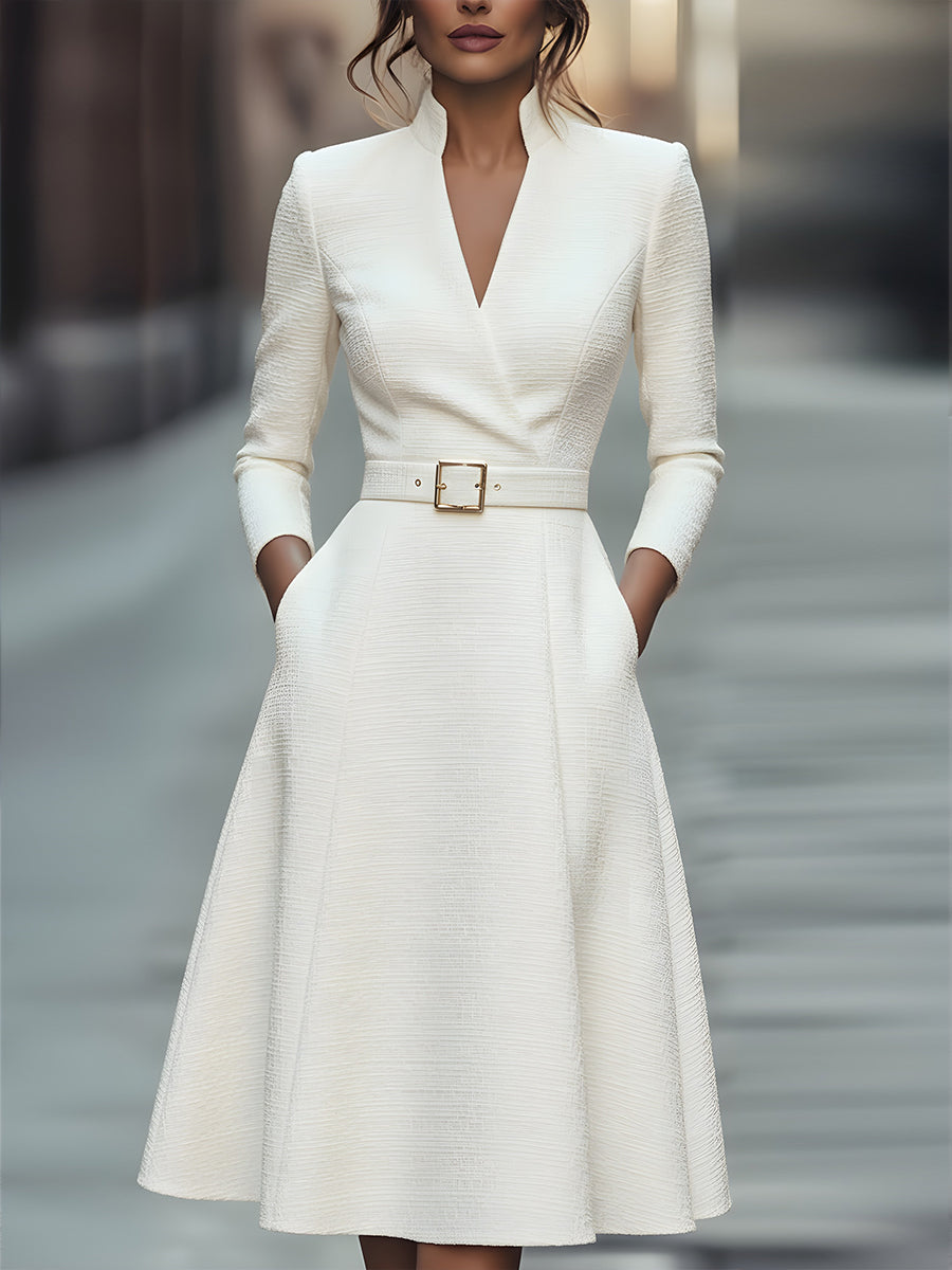 White Textured Belted Midi Dress With V-Neckline | Elegant Women's Dress