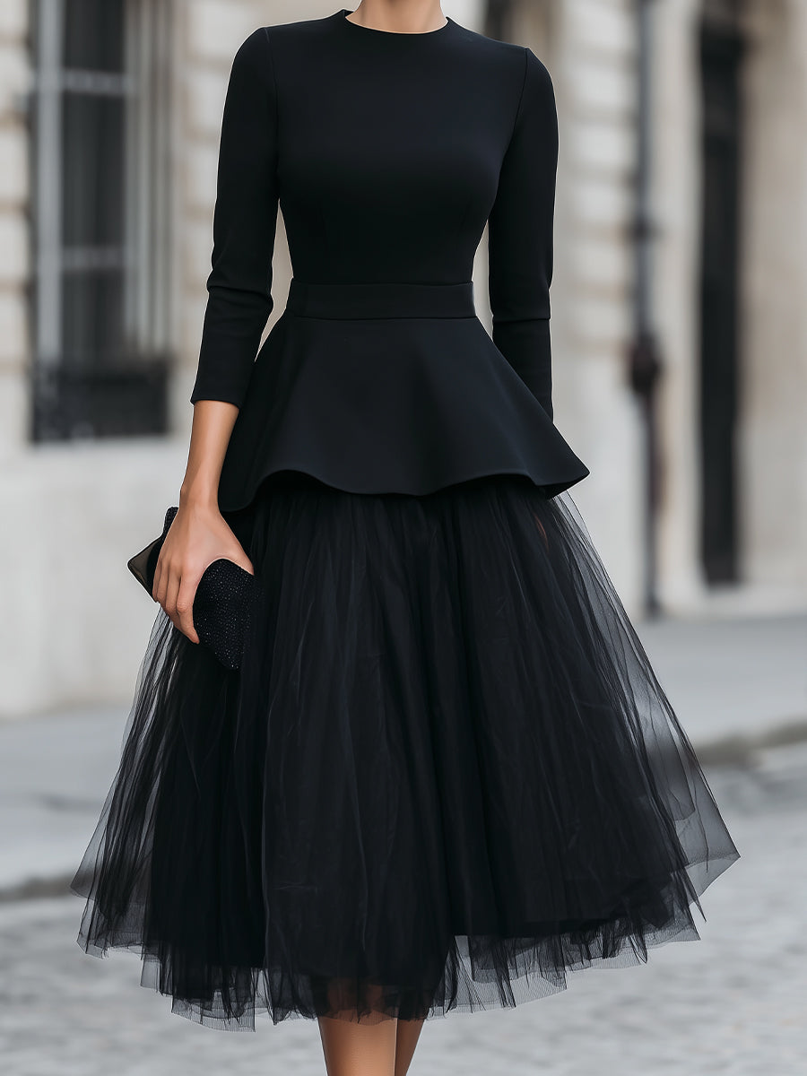 Structured Peplum Top and Layered Midi Skirt Set | Elegant Women's Dress
