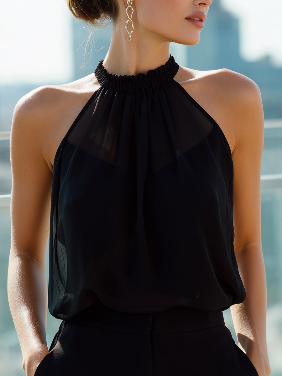 Black Halter Neck Chiffon Sleeveless Top | Elegant Women's Dress