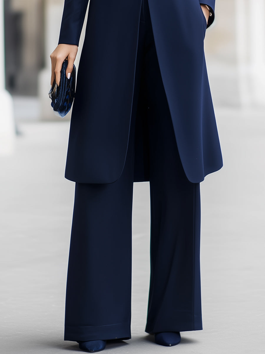 Navy Mandarin Collar Longline Blazer & Wide-Leg Pants Co-Ord Set | Elegant Women's Dress