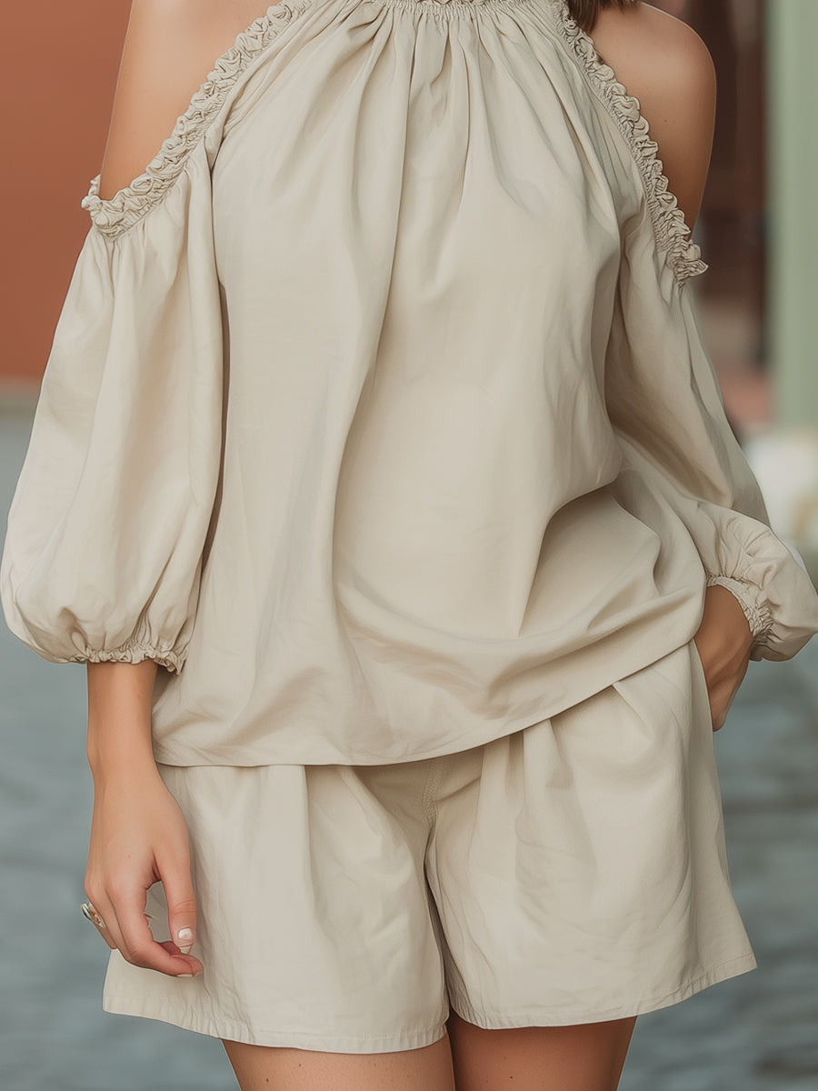 Ruffled Cold-Shoulder Blouse And Shorts Two-Piece Set | Elegant Women's Dress