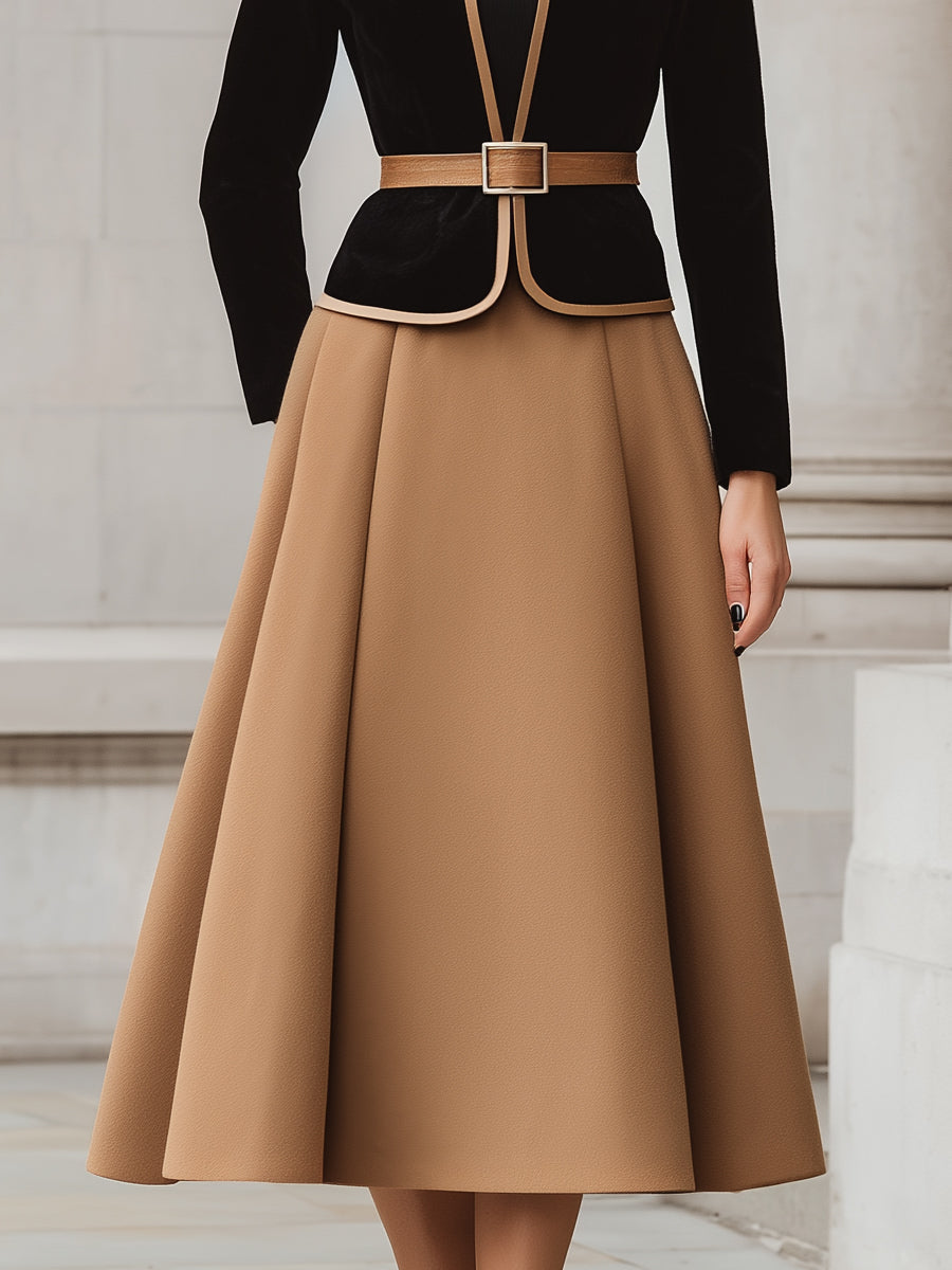 Two-Tone Trim Blazer And A-Line Midi Skirt Set | Elegant Women's Dress
