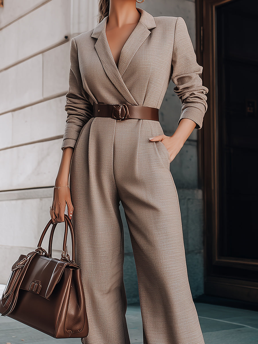 Taupe Belted Blazer Jumpsuit With Wide-Leg Silhouette | Elegant Women's Dress