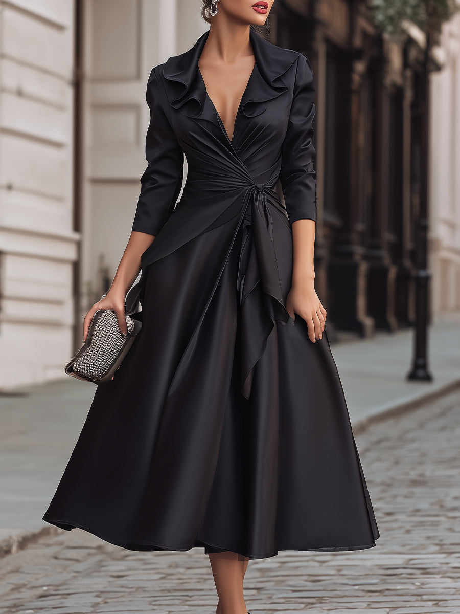 Black Satin Wrap Dress With Ruffled Collar | Elegant Women's Dress