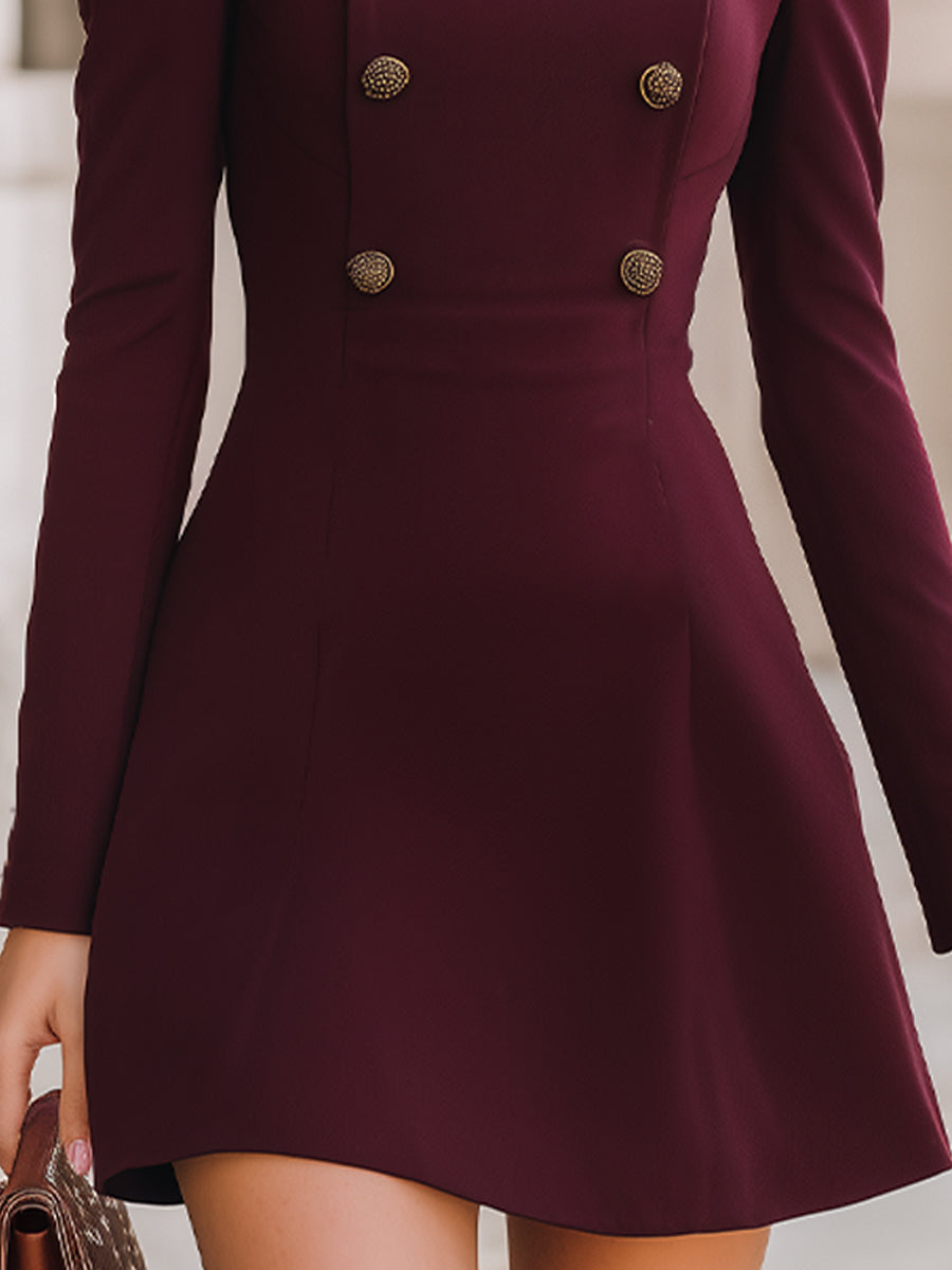 Vintage Stand Collar Double-Breasted Waist-Cinched A-Line Dress | Elegant Women's Dress