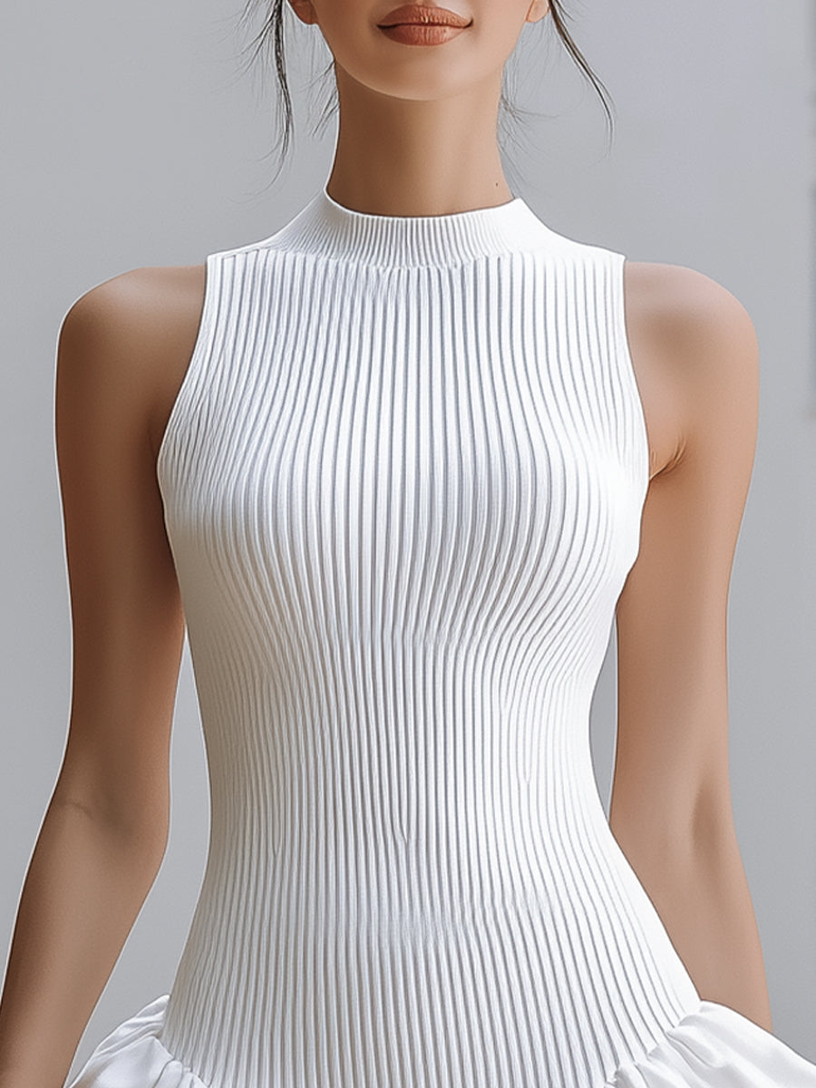 White Sleeveless Rib-Knit Tiered Ruffle Mini Dress | Elegant Women's Dress