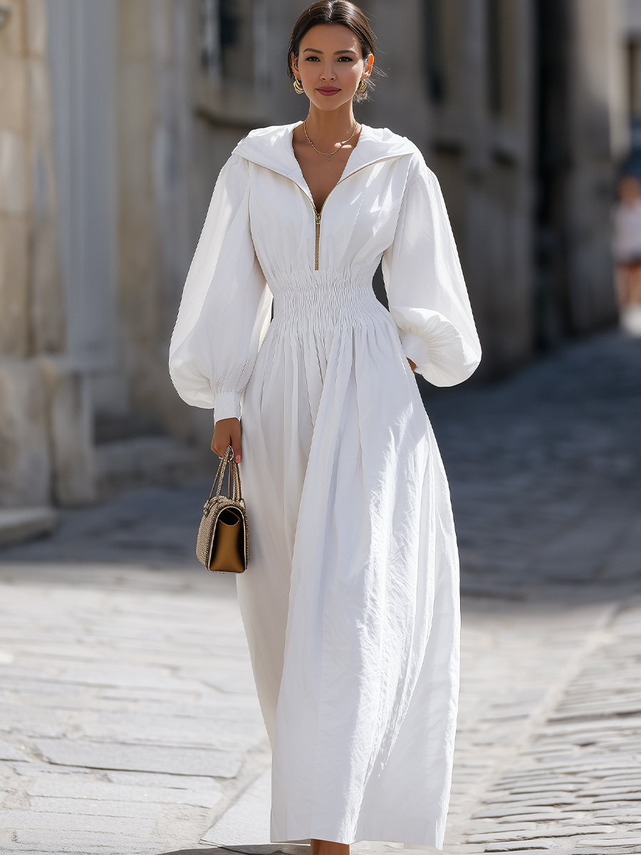 White Smocked Waist Hooded Maxi Dress | Elegant Women's Dress