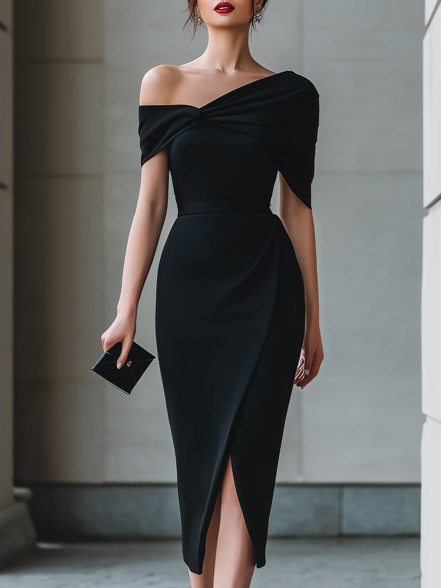 Black Asymmetric Off-Shoulder Midi Dress | Elegant Women's Dress